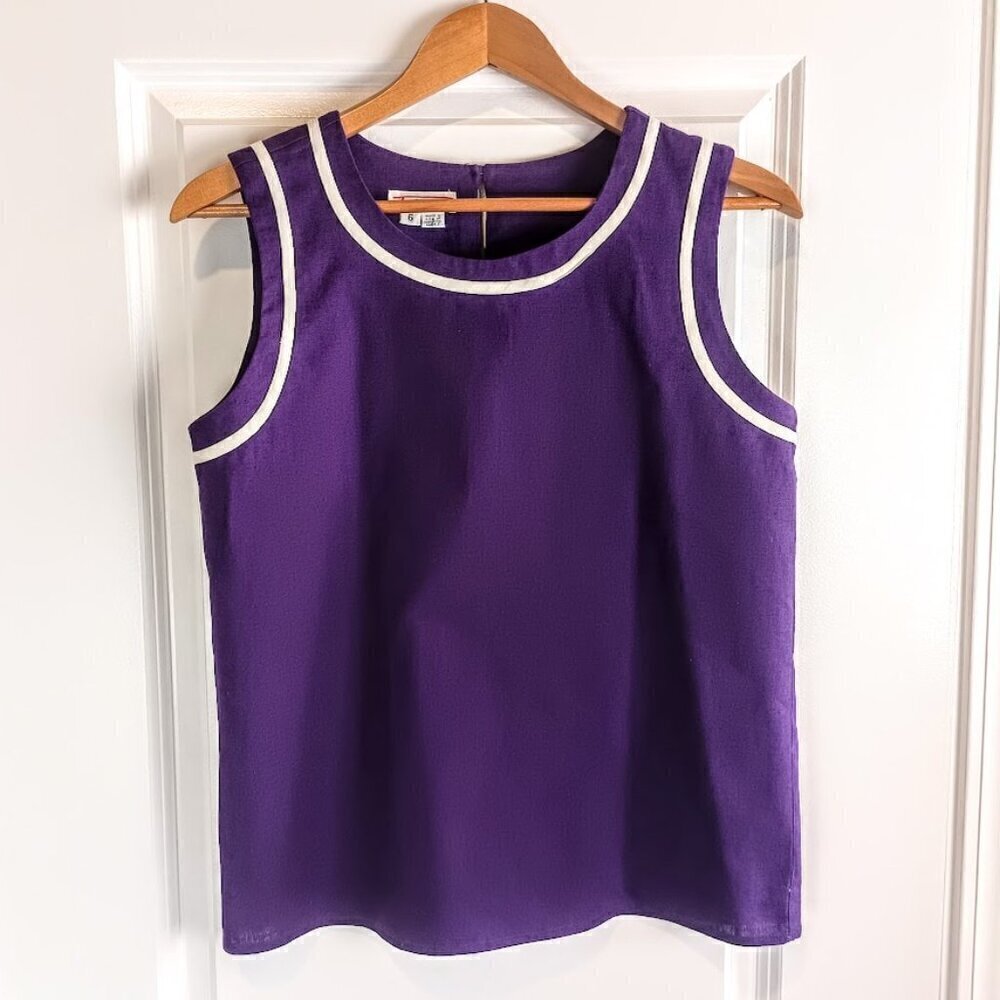 Vintage Talbots Purple White Trim Linen Cotton Sleeveless Top